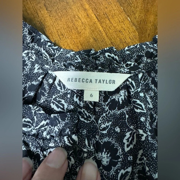 Rebecca Taylor Black White Floral Silk Cap Sleeve Short Dress Tie Waist Size 6 - Picture 8 of 8